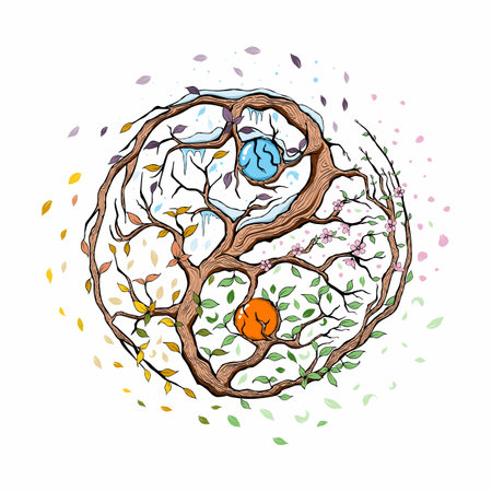 Yin Yang symbol, seasons, winter, spring, summer, autumn, unity and oppositeのイラスト素材