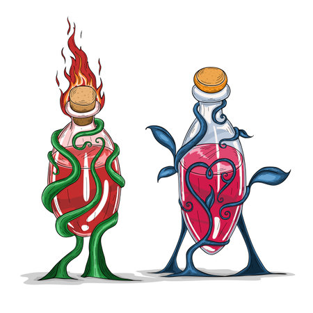 A set of witch potions with leaves elements.  Vector illustrationのイラスト素材