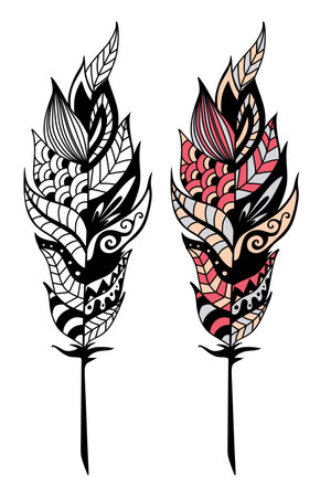 Feather on a white background, vintage tribal feathersのイラスト素材
