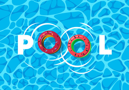 vector illustration of the pool top view with inflatable circles for swimming in the form of watermelon and donutsのイラスト素材