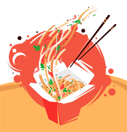 vector image of red box under Asian food, wok noodle eating sticks with vegetables, tomatoes, shrimp and mushrooms on red backgroundのイラスト素材