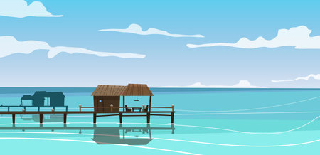 vector image of houses on the water, standing in the azure sea against the sky with cloudsのイラスト素材