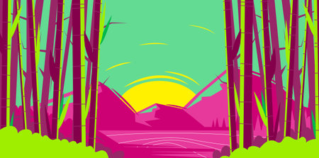 Vector image of nature, bamboo trees in the foreground with green leaves, bushes, mountains and a lake with the rising sun in the background, in pink and green shadesのイラスト素材