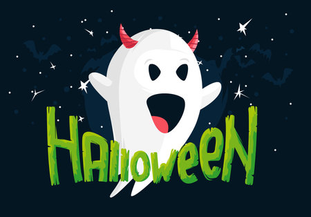 vector image of Ghost on dark background with bats and stars, green Halloween letteringのイラスト素材