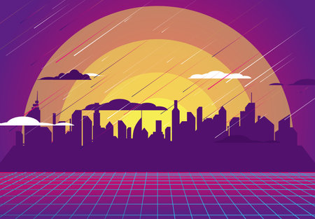 Vector image of futuristic abstract landscape, silhouette of metropolis, city, high-rise buildings, future pattern in purple and pink colorsのイラスト素材