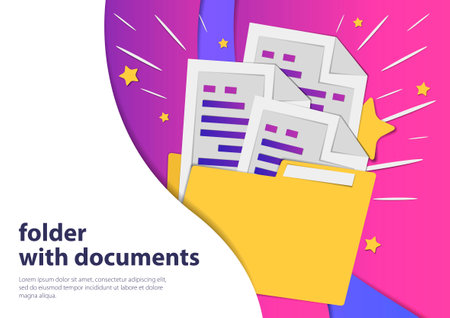vector image of folder with documents, and the stars in the background, the effect of cut paperのイラスト素材