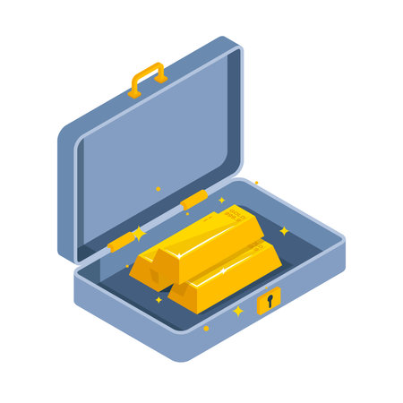 Vector image of gold bars lying in a suitcase, in isometryのイラスト素材