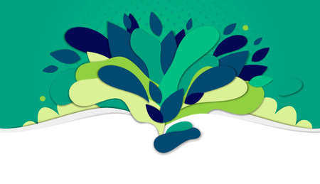 Vector image of green plant elements, the silhouette of the book in the foreground, the effect of cut paper, a few layers of colorful objectsのイラスト素材
