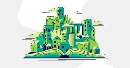 Vector illustration of a book with a green city in the background.のイラスト素材