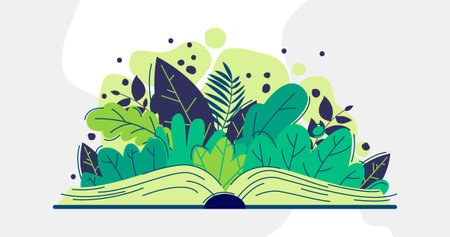 Book with green leaves and plants. Vector illustration in flat style.のイラスト素材