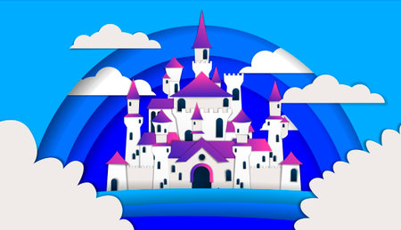 Fairytale castle in the sky. paper art style. vector illustration.のイラスト素材
