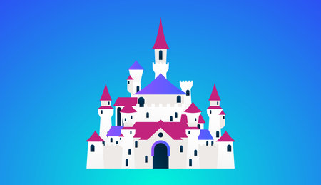 Fairytale castle on blue background. Vector illustration in flat style.のイラスト素材