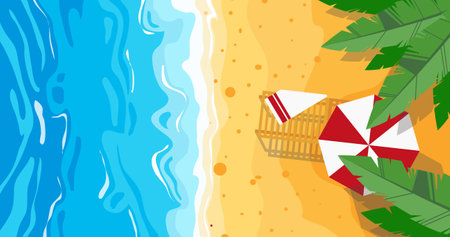 Beach with palm trees, umbrella and shopping cart vector illustration.のイラスト素材
