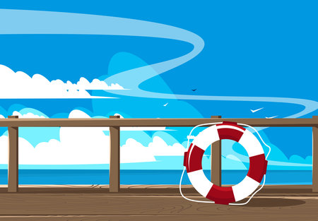 Lifebuoy on the wooden pier. Vector illustration in flat styleのイラスト素材