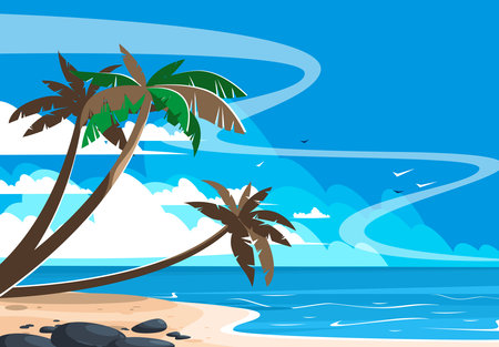 Tropical beach with palms and seagulls vector illustrationの写真素材