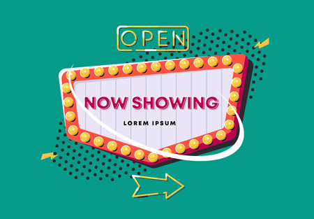 Cinema retro lightbox banner vector illustration. Movie theater signboard.のイラスト素材