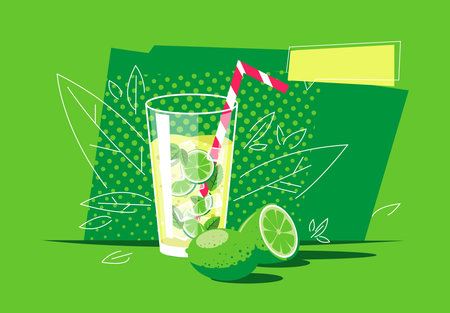 Mojito cocktail with lime and straw. Vector illustration in flat styleのイラスト素材