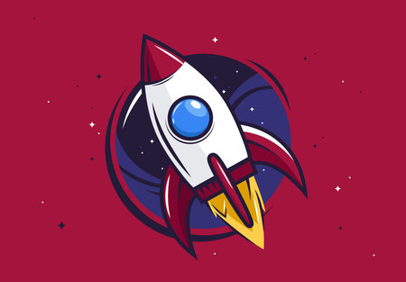 Rocket icon in flat style. Vector illustration of spaceship isolated on red background.のイラスト素材