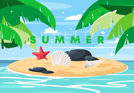 Summer beach background with sand, seashells and starfish. vector illustrationのイラスト素材