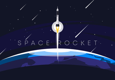 Space rocket launch into space. Vector illustration in flat style.のイラスト素材