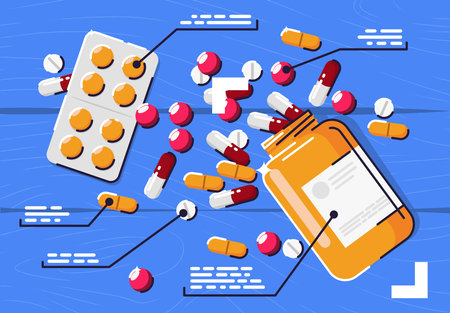 Pills and tablets on blue background. Flat style vector illustration.のイラスト素材