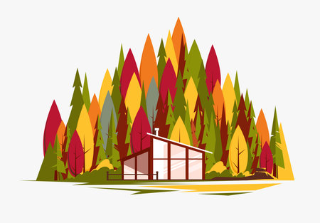 wooden house in the forest. Vector illustration on white background.のイラスト素材