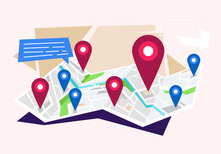 City map with pin and speech bubbles. Vector illustration in flat styleのイラスト素材