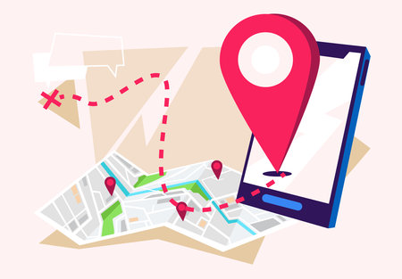 Vector illustration of a smartphone with a map and a location pin.のイラスト素材