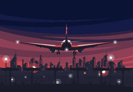 Airplane flying over the city at night. Vector illustration in flat style.のイラスト素材