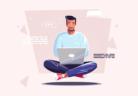 Man sitting with laptop and chatting design, Digital technology communication social media internet web and device theme Vector illustrationのイラスト素材