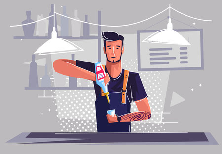 Bartender at work. Vector illustration in flat cartoon style.のイラスト素材