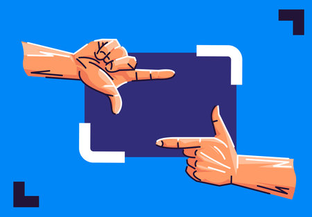 Hands pointing at tablet screen. Flat style vector illustration on blue background.のイラスト素材