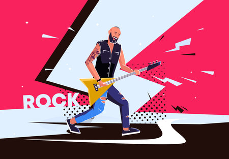 rock musician playing electric guitar in the stage, flat vector illustration designのイラスト素材