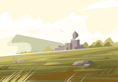 Vector illustration of medieval castle in the meadow. cartoon style.のイラスト素材
