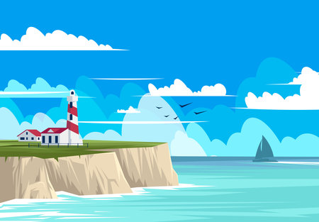 Lighthouse on the cliff. Vector illustration in flat cartoon style.のイラスト素材