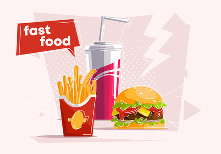 Fast food vector illustration. Hamburger, french fries and soda.のイラスト素材