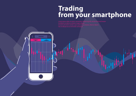 Vector illustration of a hand holding a smartphone with trading graph on the screen.のイラスト素材