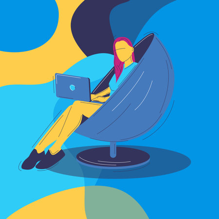 Woman working at home with laptop. Vector illustration in flat style.のイラスト素材