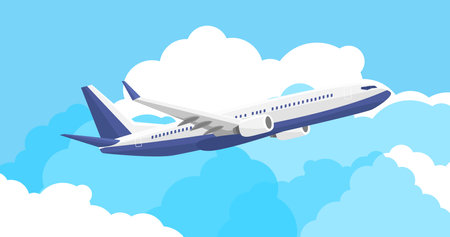 Airplane flying in the sky. Vector illustration in flat style.のイラスト素材