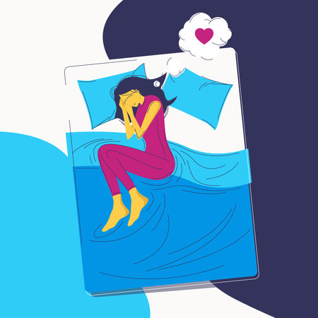 Young woman sleeping on the bed. Vector illustration in flat style.のイラスト素材