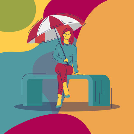 Woman sitting on a bench under an umbrella. vector illustration. flat design.のイラスト素材