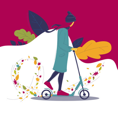 Vector illustration of a young woman riding a scooter in the autumn park.のイラスト素材