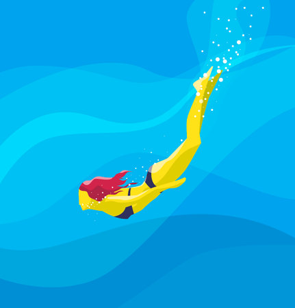 Swimming man in a yellow swimsuit floating in the sea. vector illustrationのイラスト素材
