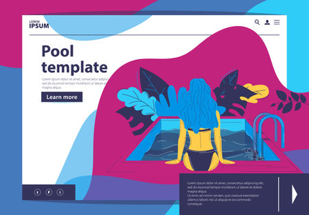 Vector flat illustration of a woman in a swimming pool. Landing page templateのイラスト素材