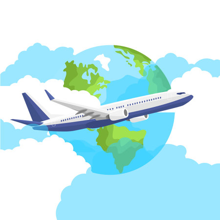 Airplane flying around the world. Vector illustration in flat style.のイラスト素材