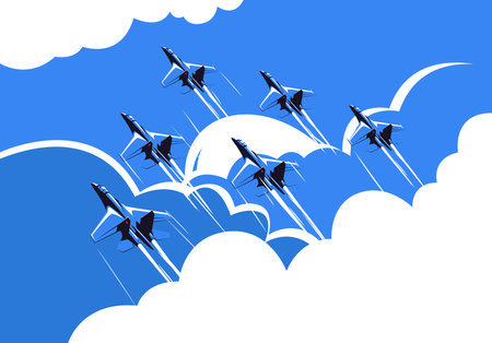Airplanes flying in the blue sky. Vector illustration of aerobatics.のイラスト素材