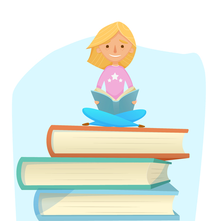 Young girl reading, studying, sit on giant books.のイラスト素材