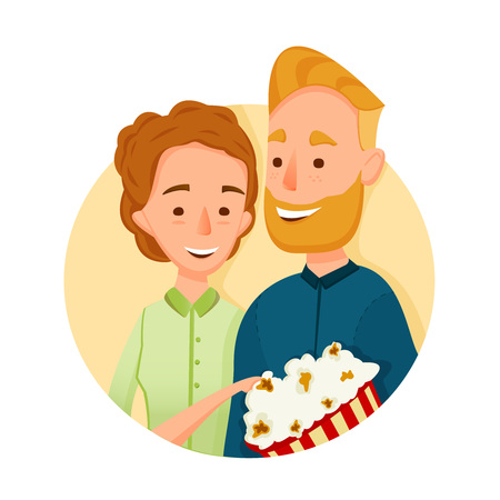 Flat couple. People in Cinema. with popcorn. Illustration. Couple in love in the cinema holding togetherのイラスト素材