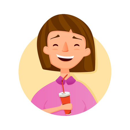 Brunet girl laugh with soda.Smiling Girl. happy character. flat illustration. Flat Illustration. cartoon, circle background.のイラスト素材