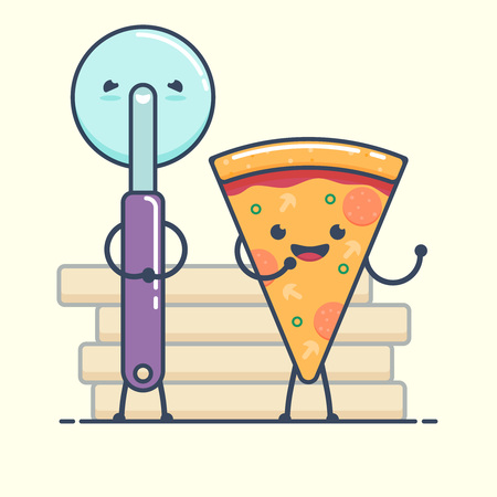 Fun characters Pizza and Knife. Fast food characters. Flat vector illustration. isolatedのイラスト素材